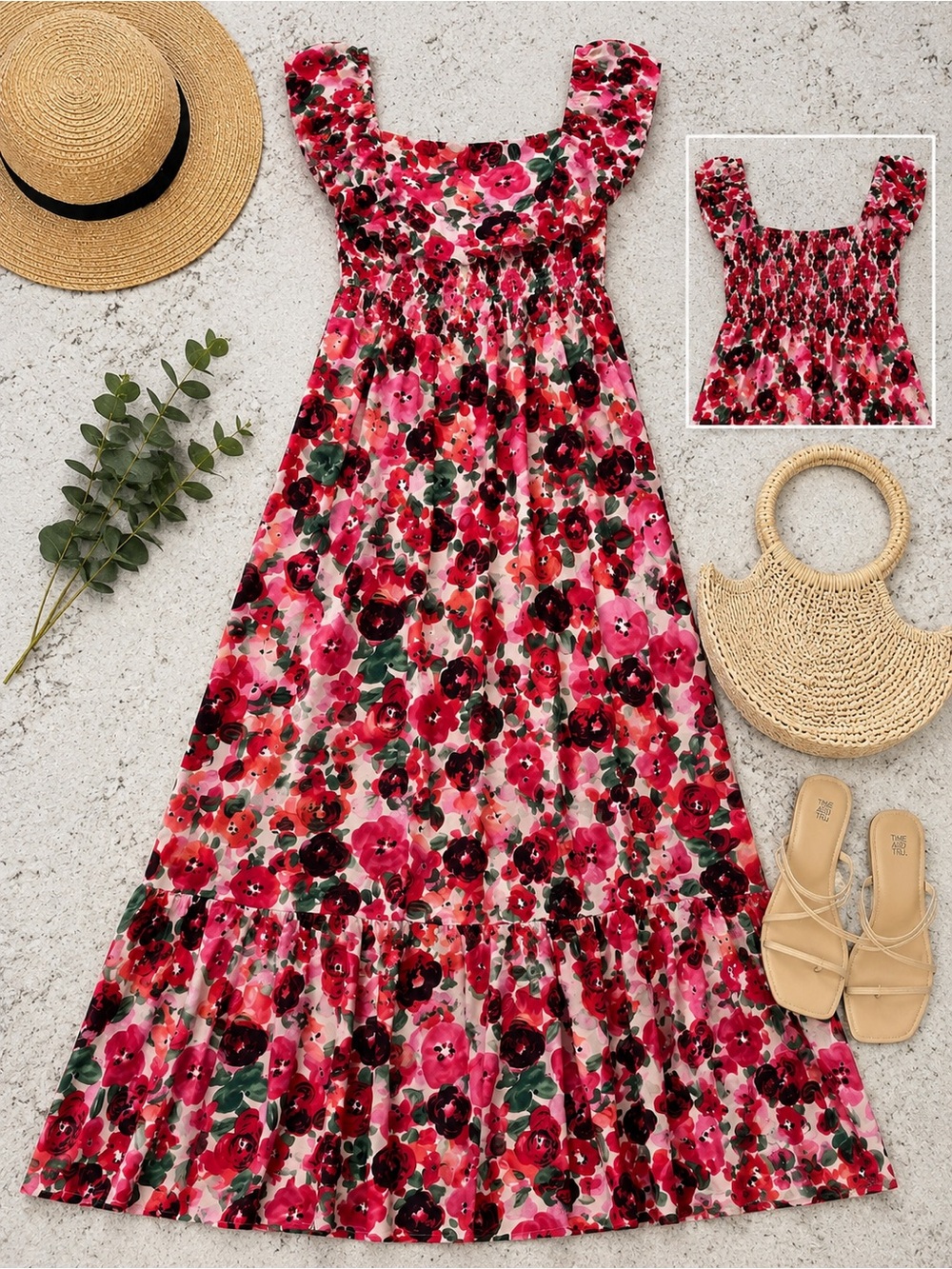 SHEIN Floral Maxi Dress Pink Red Ruffle Puff Sleeve Smocked Back Size Medium